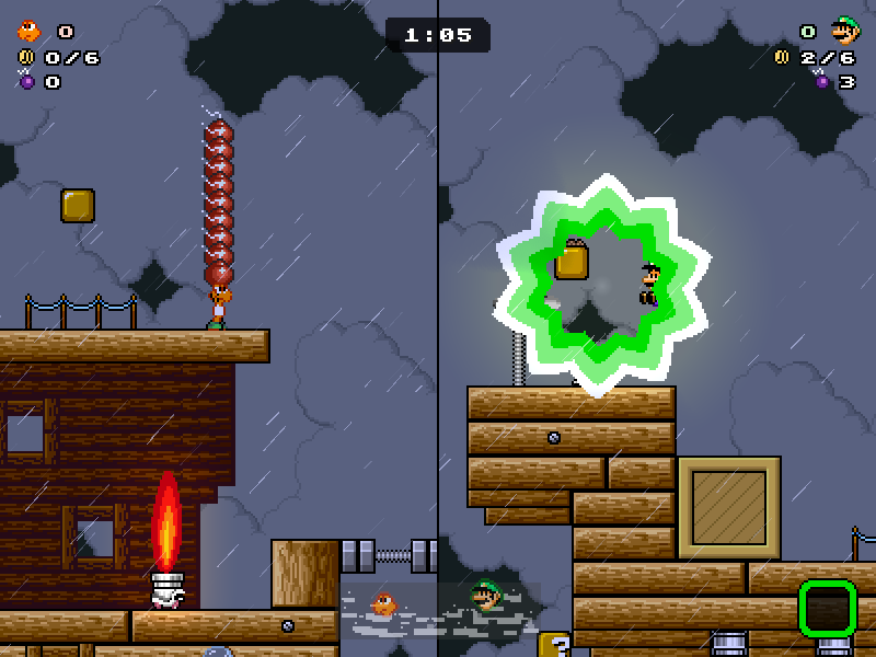 Screenshot of the new Bombin' Blast mode. It is a split-screen battle. Player 1 (Peach) is holding nine bombs, all stacked on top of each other. Player 2 (Luigi), has just thrown a bomb at a question-mark block, resulting a large, green explosion.