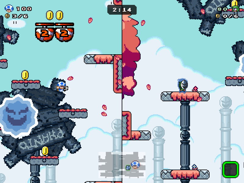 Screenshot of the new Phanto Park level and Phanto Frenzy mode. It is a split-screen battle, with player 1 (Toad) running from player 2 (Luigi), who is wearing a Phanto mask and has shot a large, blue explosion towards Toad.